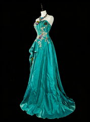 Vintage A line Strapless Blue 70s Satin With Appliques Long Prom Gown Party Wear Fashion Dresses N1830