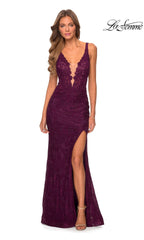 La Femme Cut-Out Back Long Lace Prom Dress