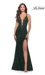 La Femme Cut-Out Back Long Lace Prom Dress