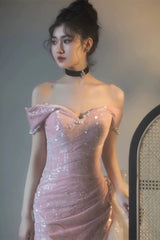 Elegant Mermaid Off The Shoulder Pink With Short Sleeves Formal Dress  Sequin Birthday Prom Dresses N2816
