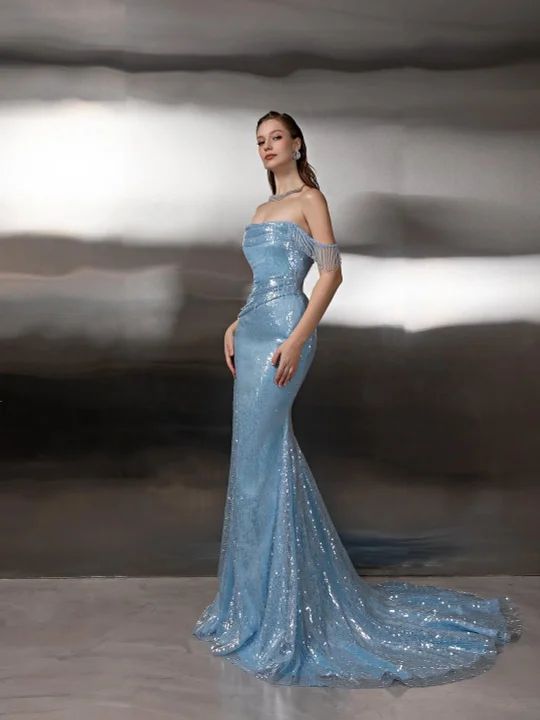 Customized Evening Dress Off-the-shoulder Mermaid Floor length Sequin Tassel Prom Gown AB1677