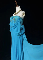 Gothic Glam Prom Dresses Mermaid Spaghetti Strap Blue Chiffon Sleeveless With Beaded Semi Formal Evening Dress N3819