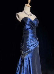 Vintage Prom Dresses 90s Mermaid Sweetheart Navy Blue Satin Long With Beading Evening Outfits N3135
