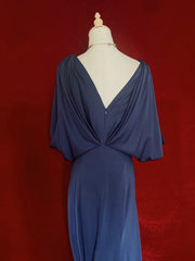Vintage Prom Dresses 80s Mermaid V Neck Navy Blue Satin Floor Length Evening Outfits N3459