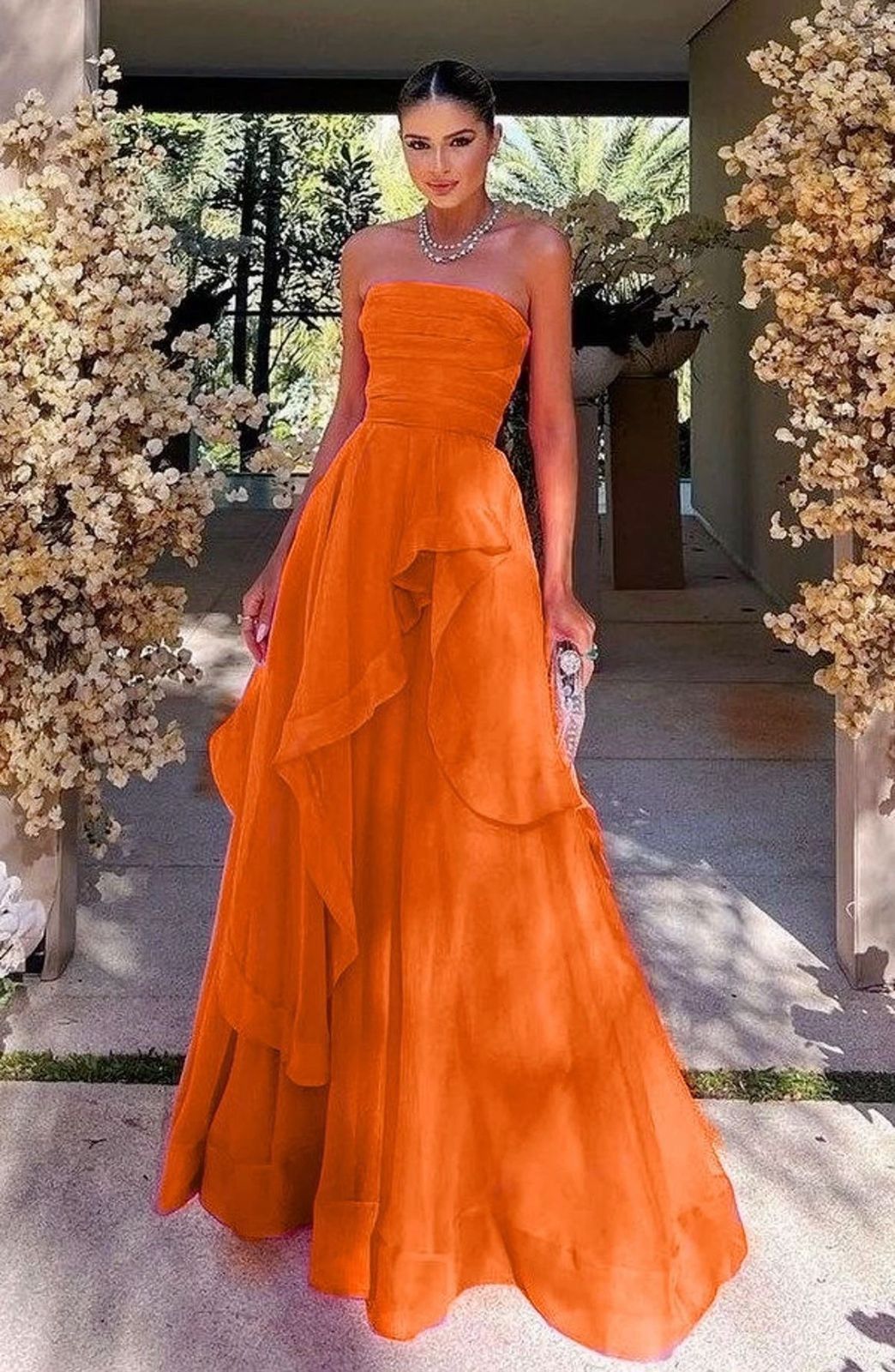 Pretty First Impression Tulle Tiered Ruffle Evening Maxi Dress Orange Prom Dress N2348