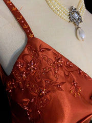 Modest Prom Dresses A line Spaghetti Strap Orange With Beading Long Evening Outfits N3445