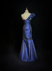 Vintage Prom Dresses 90s Mermaid One Shoulder Navy Blue Satin Long With Folded Evening Outfits N3138