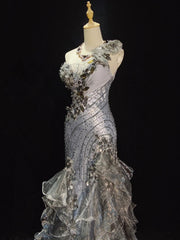 Vintage Prom Dresses 80s Mermaid One Shoulder Grey Sleeveless With Beading Semi Formal Evening Outfits N3613