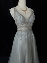 Vintage Prom Dresses Inspo A line V Neck Light Grey With Beading For Women Formal Dress N3238
