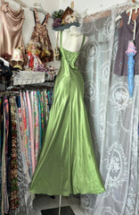 Vintage Mermaid V Neck Olive Green Satin Sleeveless Formal For Women Girls Teens Prom Dresses N2253