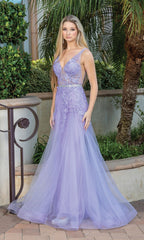 Floral-Embellished Long V-Neck Prom Dress 4311