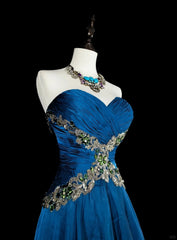 Vintage A Line Sweethart Blue Chiffon Long Prom Gown Party Wear Fashion Dresses N1824
