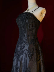 Modest Prom Dresses Inspo A line Spaghetti Strap Black Satin With Appliqued For Women Formal Dress N3214