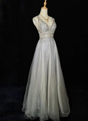 Vintage Prom Dresses Inspo A line V Neck Light Grey With Beading For Women Formal Dress N3238
