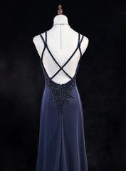 Vintage Prom Dresses 1980s A Line Spaghetti Strap Satin Navy Blue Long With Beading Evening Outfits N3133