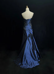 Vintage Prom Dresses 90s Mermaid Sweetheart Navy Blue Satin Long With Beading Evening Outfits N3135