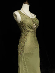 Vintage Prom Dresses Mermaid Olive Green Chiffon With Beading Formal Evening Outfits N3854