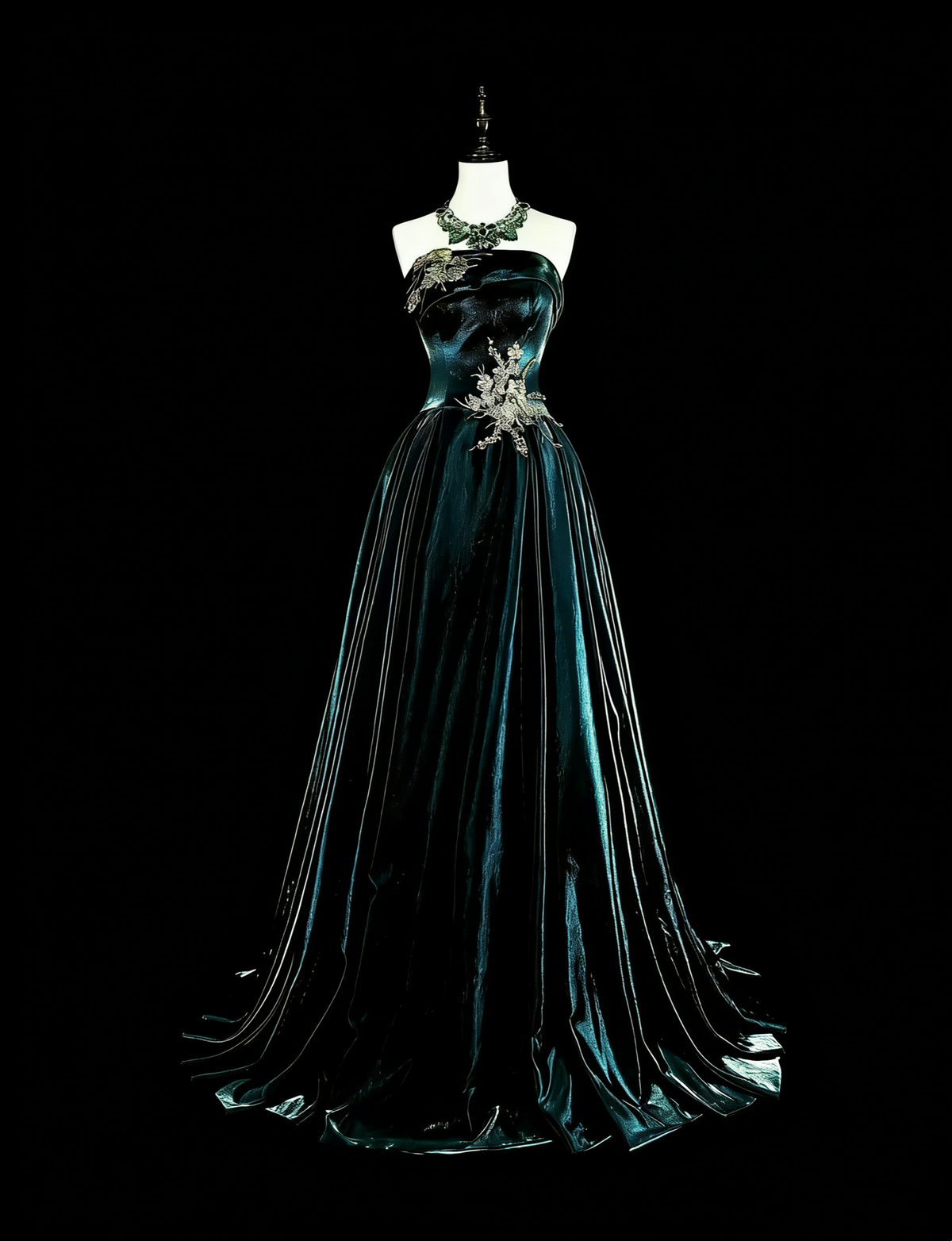 Vintage A line Strapless Dark Green Velvet 70s With Gold Appliques Long Prom Gown Party Wear Dresses N1845