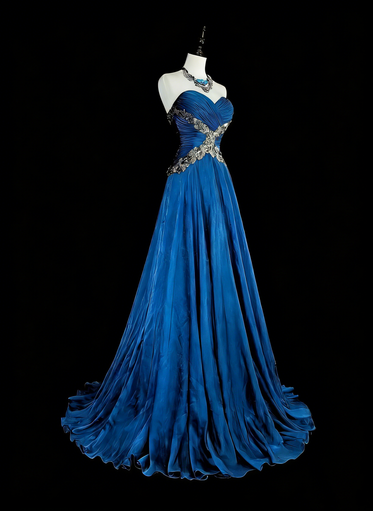 Vintage A Line Sweethart Blue Chiffon Long Prom Gown Party Wear Fashion Dresses N1824