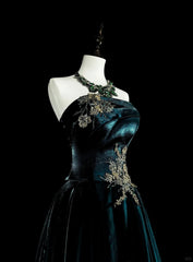 Vintage A line Strapless Dark Green Velvet 70s With Gold Appliques Long Prom Gown Party Wear Dresses N1845
