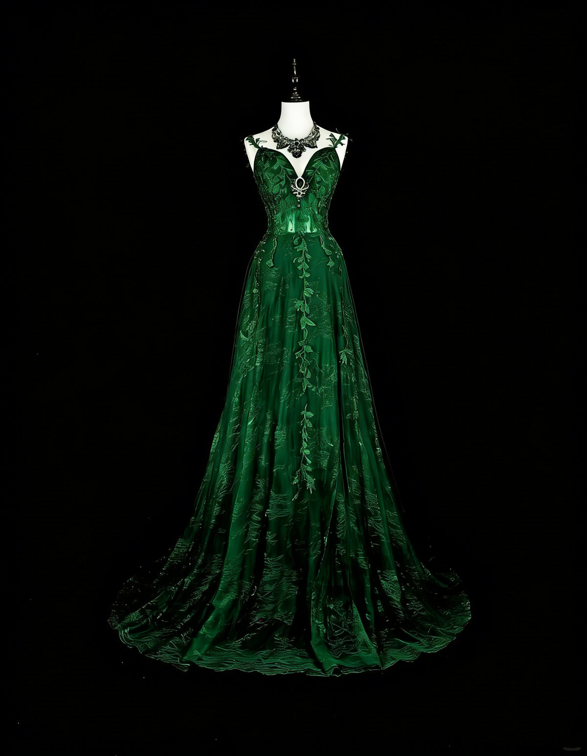 Modest A line Spaghetti Straps Dark Green Tulle With Appliques Long Prom Gown Party Wear Dresses N1847