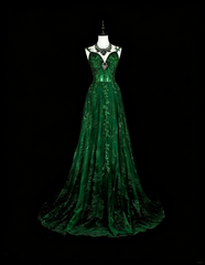 Modest A line Spaghetti Straps Dark Green Tulle With Appliques Long Prom Gown Party Wear Dresses N1847