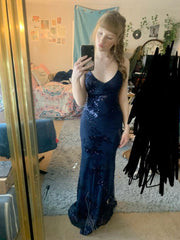 Modest Mermaid Prom Dresses For Women Spaghetti Straps Navy Blue Sequins Party Gown 18th Birthday Gowns N1513