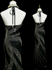 Vintage Mermaid V Neck Black With Beading Summer Formal For Women Girls Teens Prom Dresses N2232