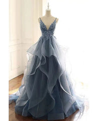 Beautiful Vneck Sequined Lace Ruffled Blue Prom Dress With Straps N1783