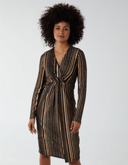 Foil Stripes Twist Front Midi Dress