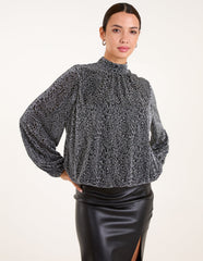 High Neck Puffball Hem Blouse