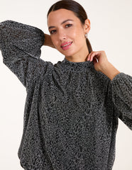 High Neck Puffball Hem Blouse
