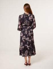 High Neck Floral Puffball Pleated Midi Dress