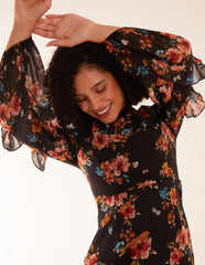 Floral Printed High Neck Midi Dress With Frill Sleeve Details