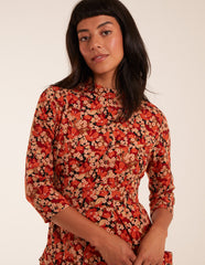 High Neck 3/4 Sleeve Dress With Belt