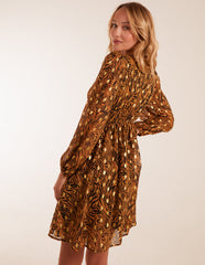 Shirred Waist Leopard Foil Wrap Front Mini Dress