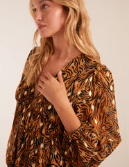Shirred Waist Leopard Foil Wrap Front Mini Dress