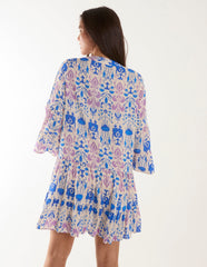Pin Tuck Tiered Abstract Smock Dress