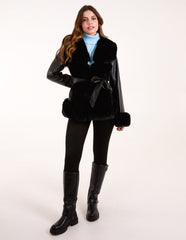 Panel Faux Fur Pu Belted Coat