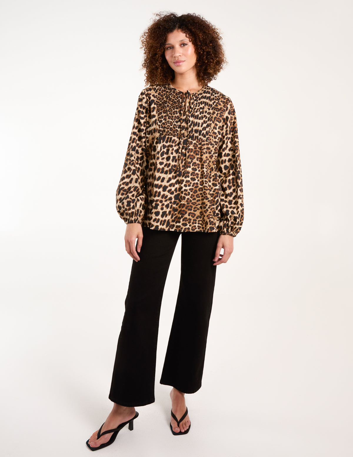 Leopard Print Shirred Front Tie Neck Blouse