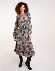 Geometric Wrap Front Belted Midi Dress