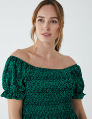 Puff Sleeve Bardot Shirred Dress
