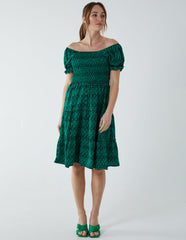 Puff Sleeve Bardot Shirred Dress