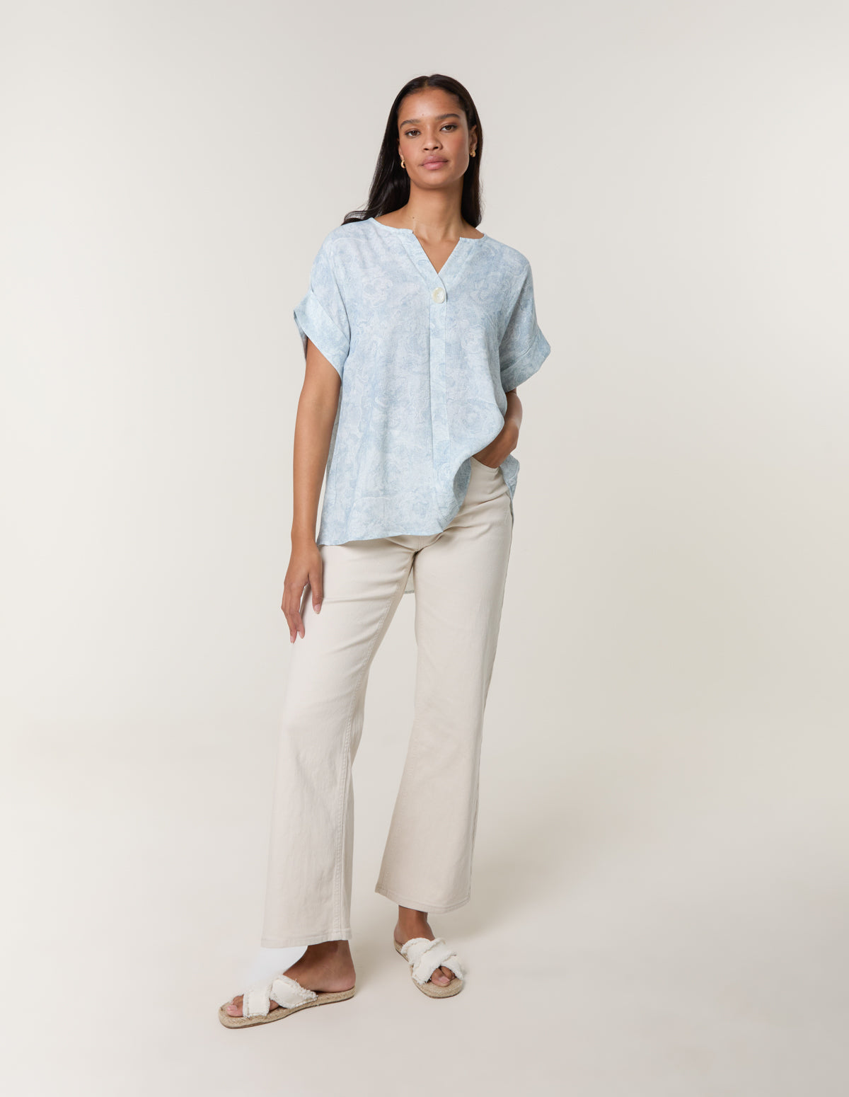 Printed V Neck Button Top
