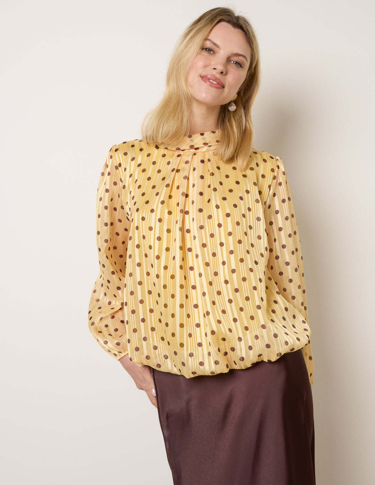Polka Dot Cowl Neck Puffball Blouse