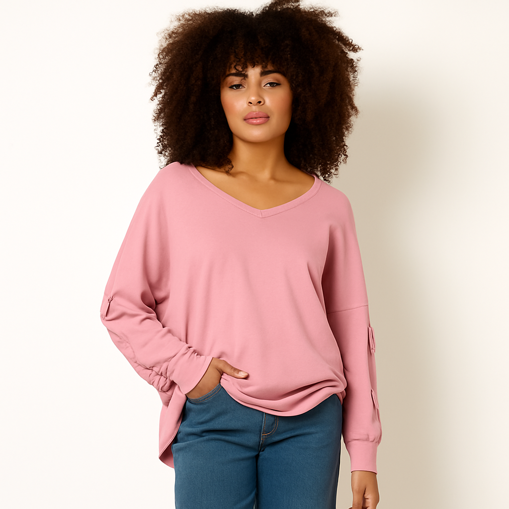 Loop Back Sweat Bow Sleeve Raw Edge V Neck Top