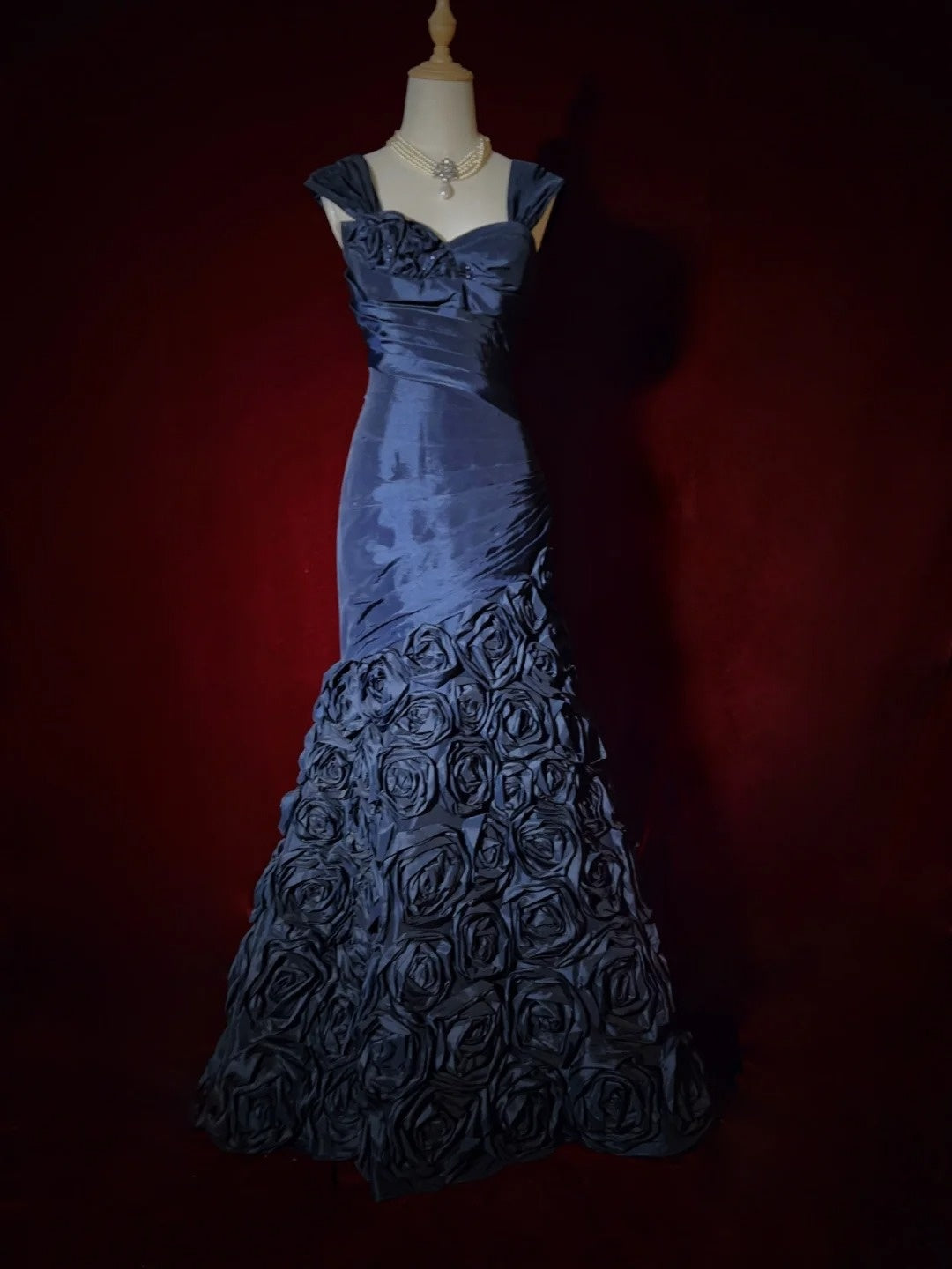 Vintage Prom Dresses 90s Mermaid Sweetheart Navy Blue Satin Flowers Long Evening Outfits N3191
