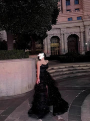 Cute Ball Gown Strapless Black Tulle Split Long Party Gowns Prom Dresses N2035