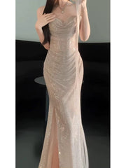 Sexy Evening Dresses Women Mermaid Off The Shoulder Champagne Sequins With Sleeves Long Prom Gown Party Wear Fashion Dresses N1814