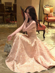 Simple A Line Scoop Neck Pink Satin Ankle Length Long Party Gowns Prom Dresses N2048